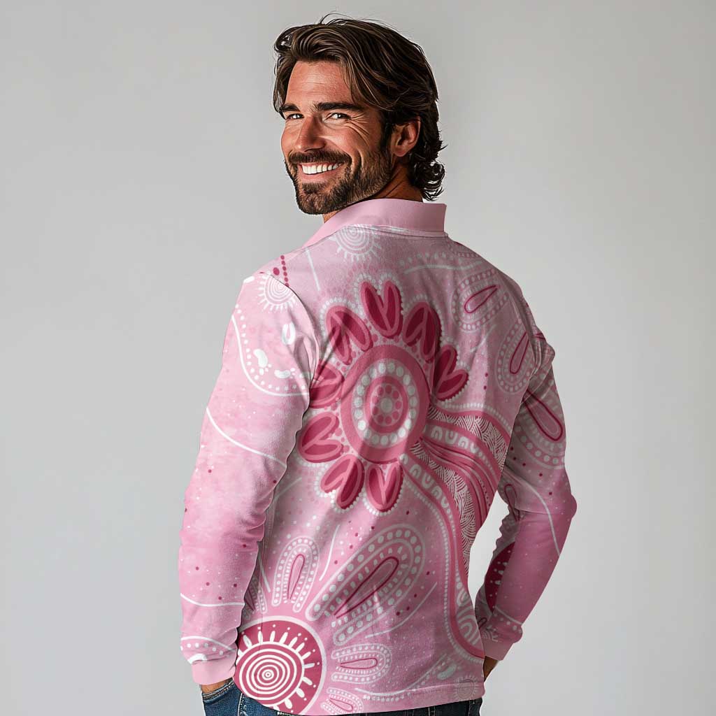 First Nation Aboriginal Dot Arts Long Sleeve Polo Shirt Think Pink - Aussie Hoodie