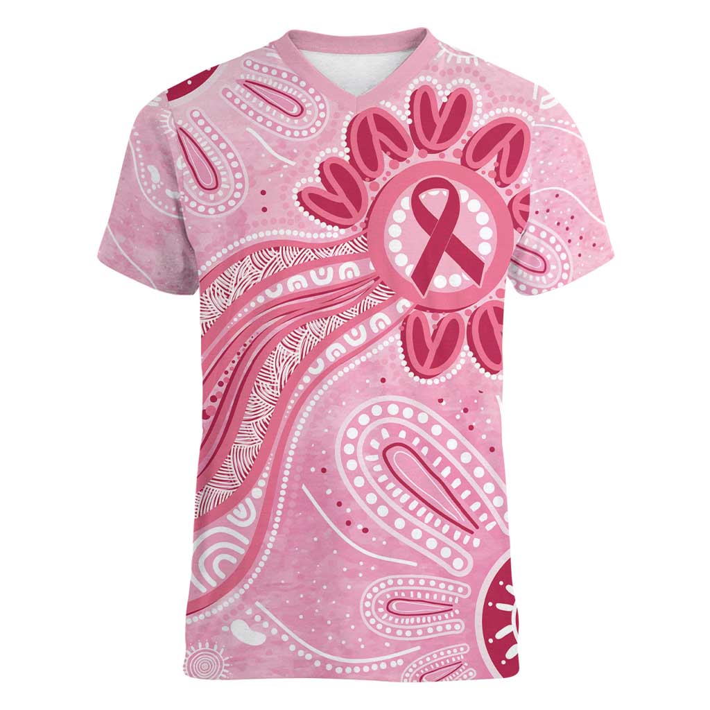 First Nation Aboriginal Dot Arts Women V-Neck T-Shirt Think Pink - Aussie Hoodie