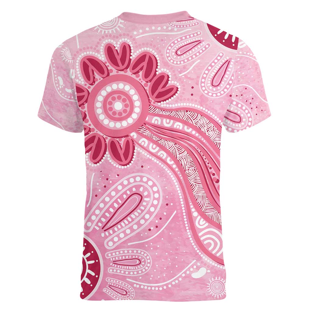 First Nation Aboriginal Dot Arts Women V-Neck T-Shirt Think Pink - Aussie Hoodie