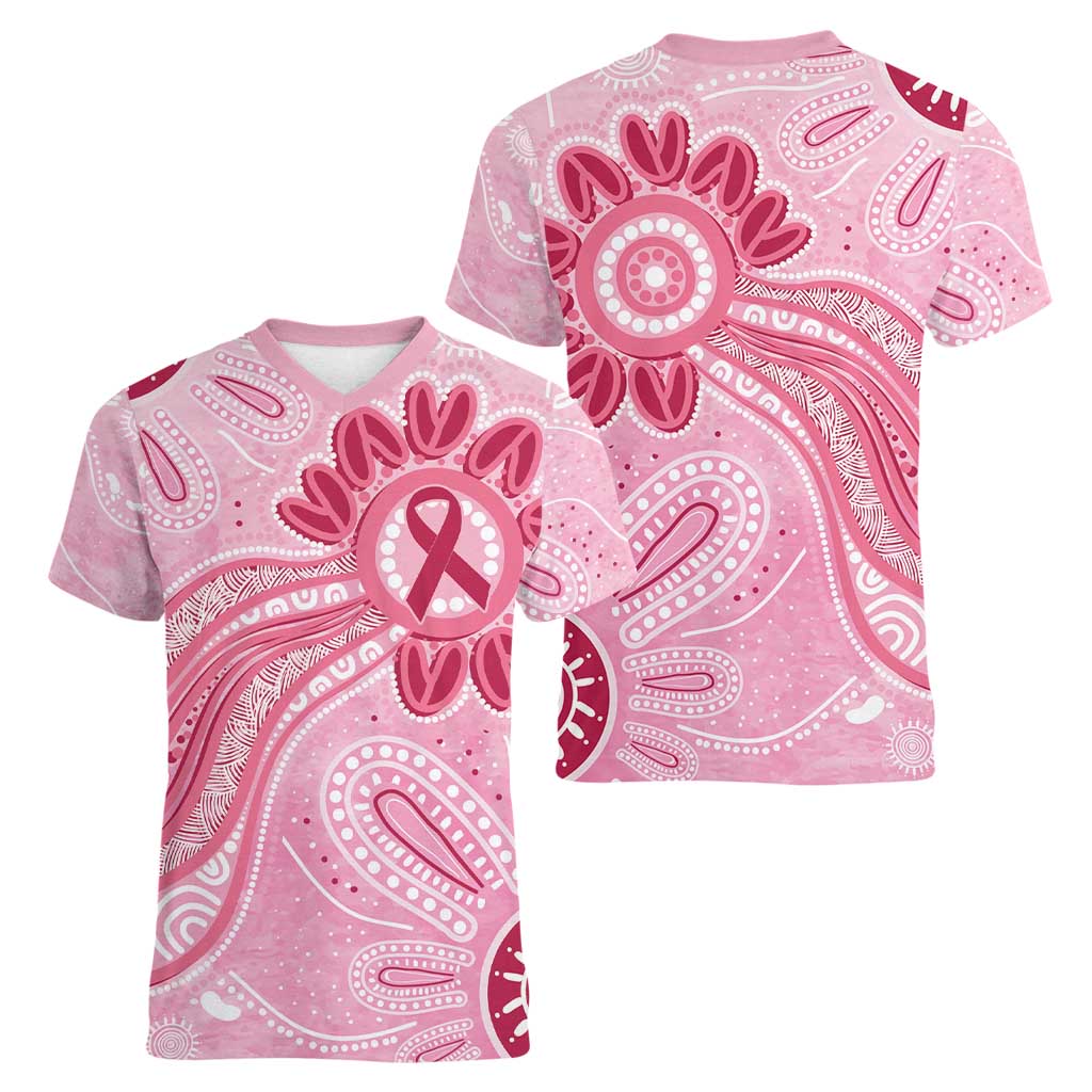 First Nation Aboriginal Dot Arts Women V-Neck T-Shirt Think Pink - Aussie Hoodie