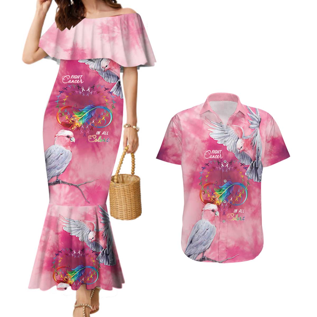 Australia Fight Cancer In All Colors Couples Matching Mermaid Dress and Hawaiian Shirt Galah Pink Tie Dye - Aussie Hoodie