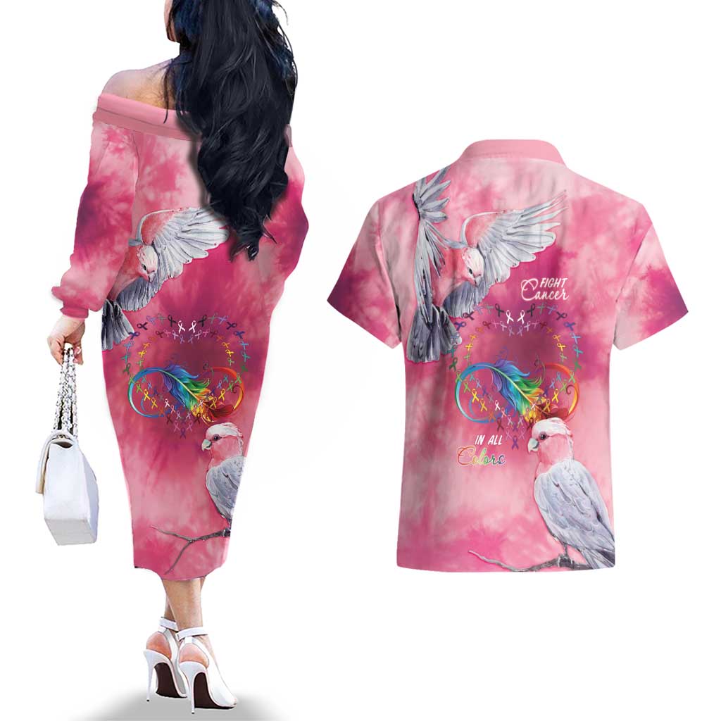 Australia Fight Cancer In All Colors Couples Matching Off The Shoulder Long Sleeve Dress and Hawaiian Shirt Galah Pink Tie Dye - Aussie Hoodie