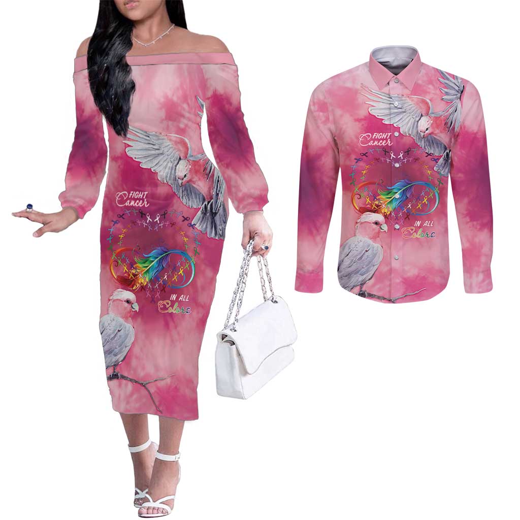 Australia Fight Cancer In All Colors Couples Matching Off The Shoulder Long Sleeve Dress and Long Sleeve Button Shirt Galah Pink Tie Dye - Aussie Hoodie