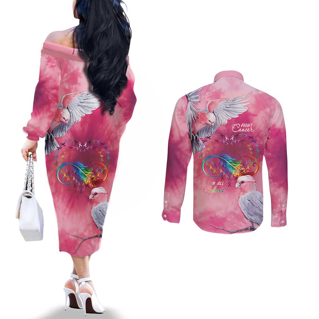 Australia Fight Cancer In All Colors Couples Matching Off The Shoulder Long Sleeve Dress and Long Sleeve Button Shirt Galah Pink Tie Dye - Aussie Hoodie