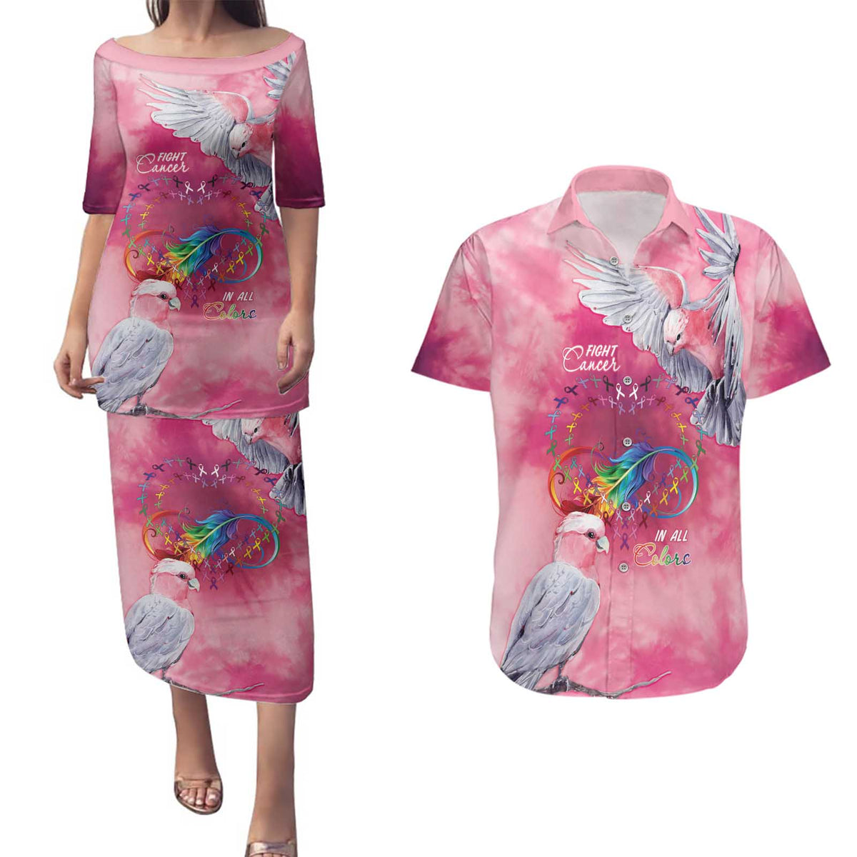 Australia Fight Cancer In All Colors Couples Matching Puletasi and Hawaiian Shirt Galah Pink Tie Dye - Aussie Hoodie