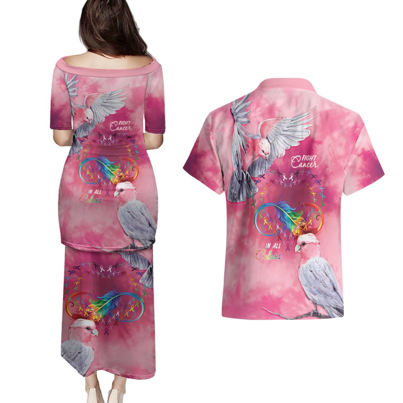 Australia Fight Cancer In All Colors Couples Matching Puletasi and Hawaiian Shirt Galah Pink Tie Dye - Aussie Hoodie