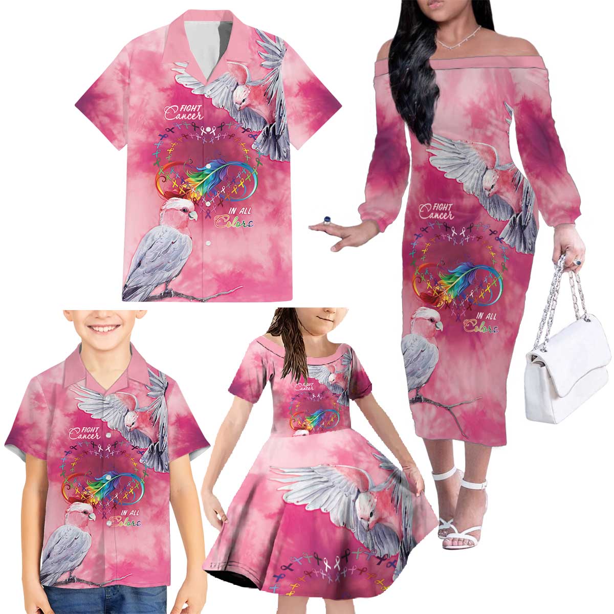 Australia Fight Cancer In All Colors Family Matching Off The Shoulder Long Sleeve Dress and Hawaiian Shirt Galah Pink Tie Dye - Aussie Hoodie