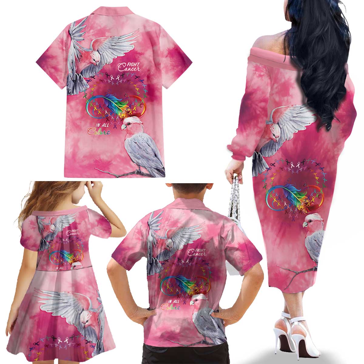 Australia Fight Cancer In All Colors Family Matching Off The Shoulder Long Sleeve Dress and Hawaiian Shirt Galah Pink Tie Dye - Aussie Hoodie