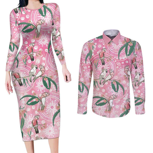 Australia Galah Aboriginal Couples Matching Long Sleeve Bodycon Dress and Long Sleeve Button Shirt Breast Cancer Awareness - Aussie Hoodie