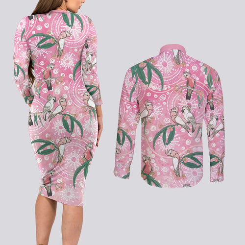 Australia Galah Aboriginal Couples Matching Long Sleeve Bodycon Dress and Long Sleeve Button Shirt Breast Cancer Awareness - Aussie Hoodie