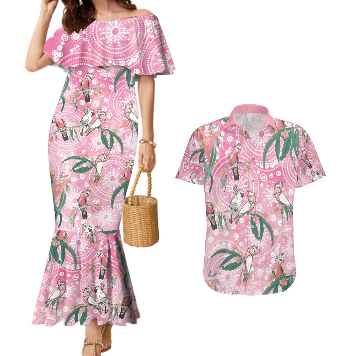 Australia Galah Aboriginal Couples Matching Mermaid Dress and Hawaiian Shirt Breast Cancer Awareness - Aussie Hoodie