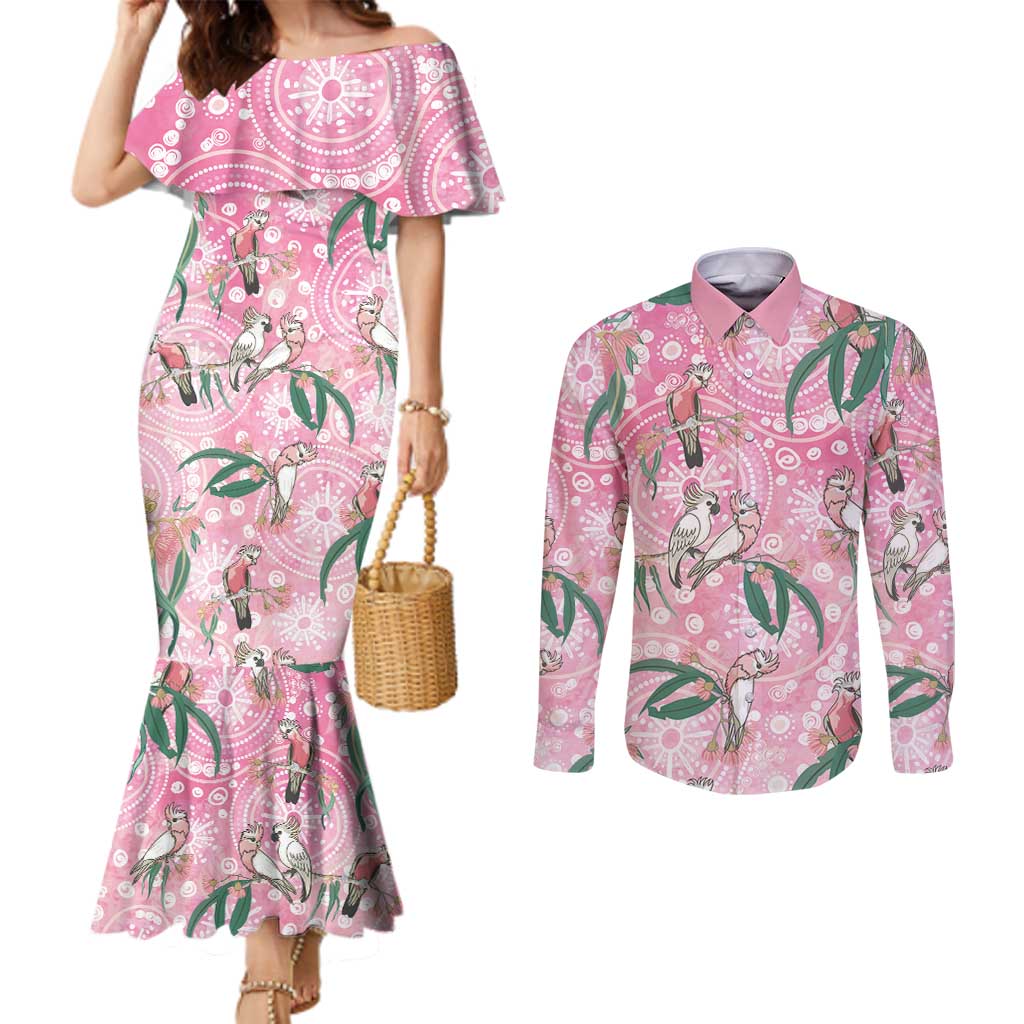 Australia Galah Aboriginal Couples Matching Mermaid Dress and Long Sleeve Button Shirt Breast Cancer Awareness - Aussie Hoodie