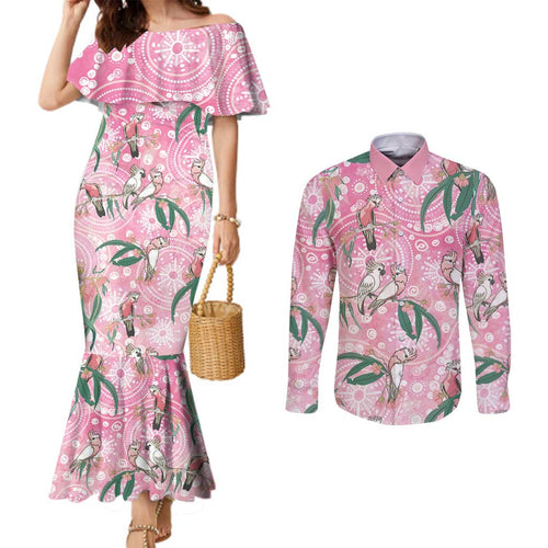 Australia Galah Aboriginal Couples Matching Mermaid Dress and Long Sleeve Button Shirt Breast Cancer Awareness - Aussie Hoodie
