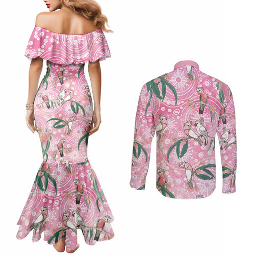 Australia Galah Aboriginal Couples Matching Mermaid Dress and Long Sleeve Button Shirt Breast Cancer Awareness - Aussie Hoodie