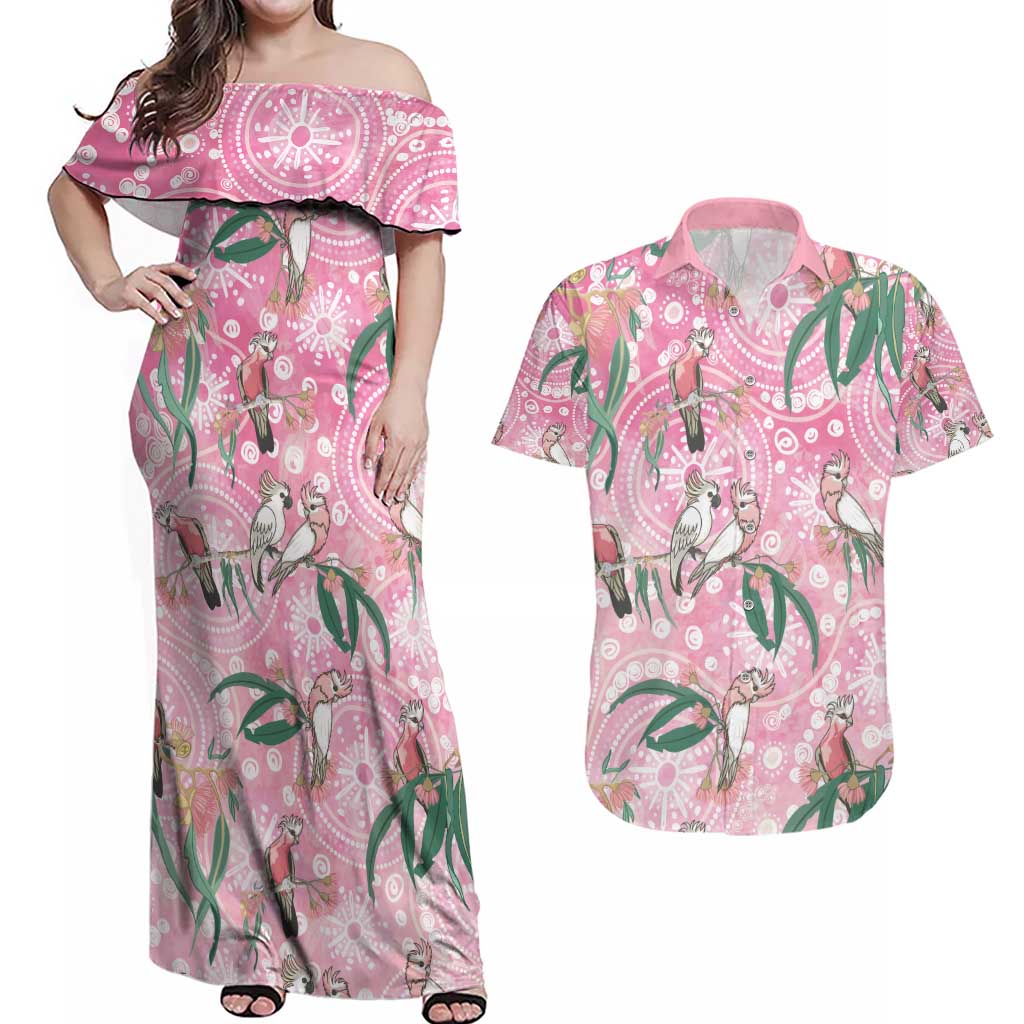 Australia Galah Aboriginal Couples Matching Off Shoulder Maxi Dress and Hawaiian Shirt Breast Cancer Awareness - Aussie Hoodie