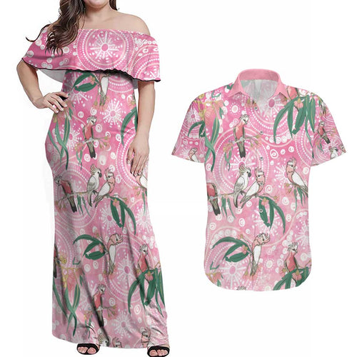 Australia Galah Aboriginal Couples Matching Off Shoulder Maxi Dress and Hawaiian Shirt Breast Cancer Awareness - Aussie Hoodie