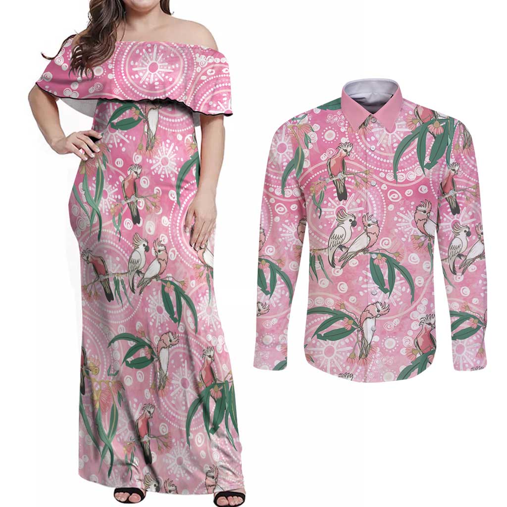Australia Galah Aboriginal Couples Matching Off Shoulder Maxi Dress and Long Sleeve Button Shirt Breast Cancer Awareness - Aussie Hoodie