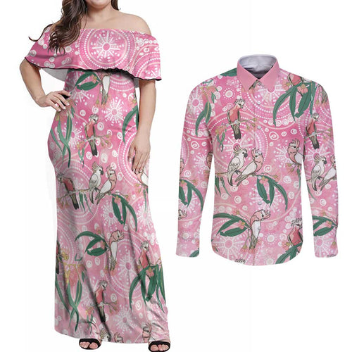 Australia Galah Aboriginal Couples Matching Off Shoulder Maxi Dress and Long Sleeve Button Shirt Breast Cancer Awareness - Aussie Hoodie