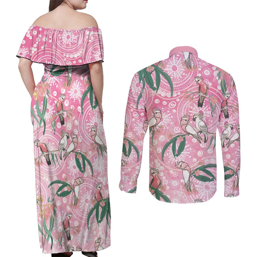 Australia Galah Aboriginal Couples Matching Off Shoulder Maxi Dress and Long Sleeve Button Shirt Breast Cancer Awareness - Aussie Hoodie
