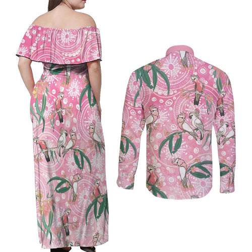 Australia Galah Aboriginal Couples Matching Off Shoulder Maxi Dress and Long Sleeve Button Shirt Breast Cancer Awareness - Aussie Hoodie