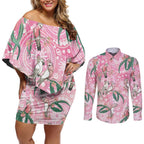 Australia Galah Aboriginal Couples Matching Off Shoulder Short Dress and Long Sleeve Button Shirt Breast Cancer Awareness - Aussie Hoodie