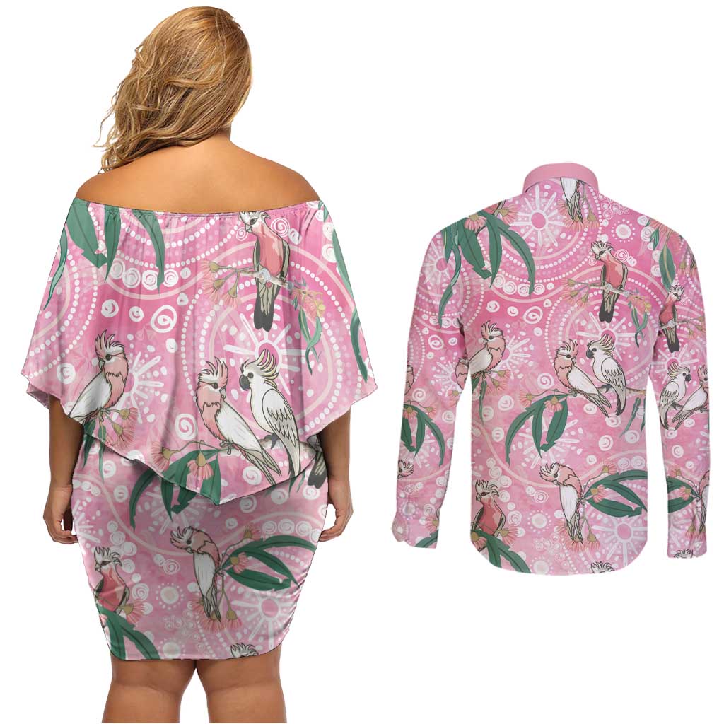 Australia Galah Aboriginal Couples Matching Off Shoulder Short Dress and Long Sleeve Button Shirt Breast Cancer Awareness - Aussie Hoodie