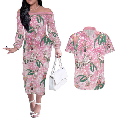 Australia Galah Aboriginal Couples Matching Off The Shoulder Long Sleeve Dress and Hawaiian Shirt Breast Cancer Awareness - Aussie Hoodie