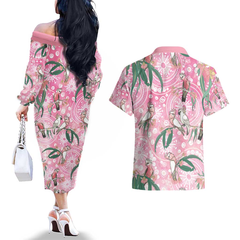 Australia Galah Aboriginal Couples Matching Off The Shoulder Long Sleeve Dress and Hawaiian Shirt Breast Cancer Awareness - Aussie Hoodie