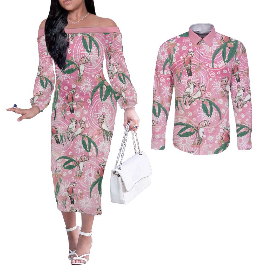 Australia Galah Aboriginal Couples Matching Off The Shoulder Long Sleeve Dress and Long Sleeve Button Shirt Breast Cancer Awareness - Aussie Hoodie