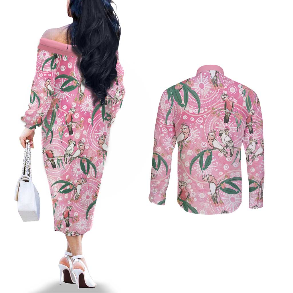 Australia Galah Aboriginal Couples Matching Off The Shoulder Long Sleeve Dress and Long Sleeve Button Shirt Breast Cancer Awareness - Aussie Hoodie
