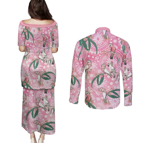 Australia Galah Aboriginal Couples Matching Puletasi and Long Sleeve Button Shirt Breast Cancer Awareness - Aussie Hoodie