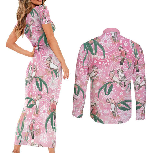 Australia Galah Aboriginal Couples Matching Short Sleeve Bodycon Dress and Long Sleeve Button Shirt Breast Cancer Awareness - Aussie Hoodie