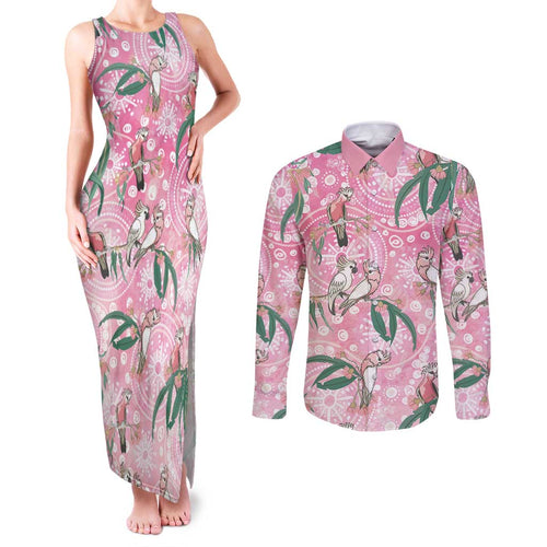 Australia Galah Aboriginal Couples Matching Tank Maxi Dress and Long Sleeve Button Shirt Breast Cancer Awareness - Aussie Hoodie