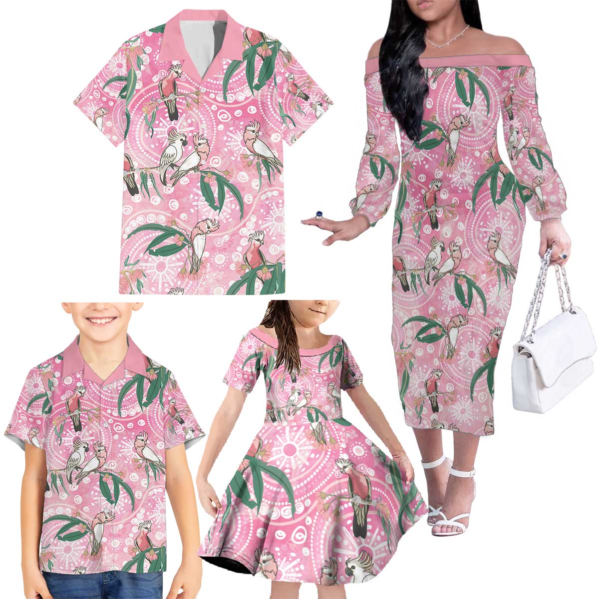 Australia Galah Aboriginal Family Matching Off The Shoulder Long Sleeve Dress and Hawaiian Shirt Breast Cancer Awareness - Aussie Hoodie
