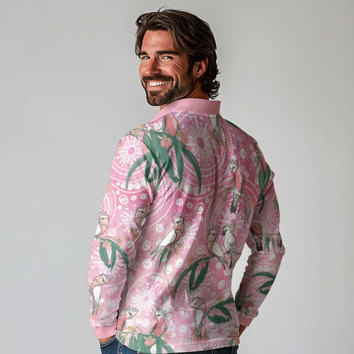 Australia Galah Aboriginal Long Sleeve Polo Shirt Breast Cancer Awareness - Aussie Hoodie