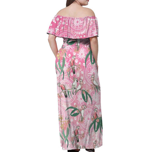 Australia Galah Aboriginal Off Shoulder Maxi Dress Breast Cancer Awareness - Aussie Hoodie