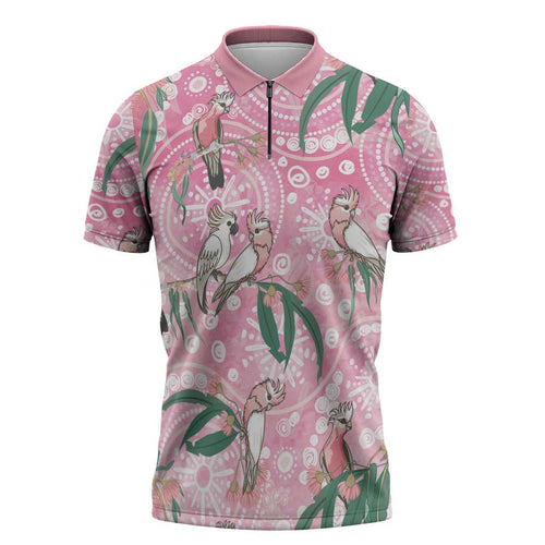Australia Galah Aboriginal Zipper Polo Shirt Breast Cancer Awareness - Aussie Hoodie
