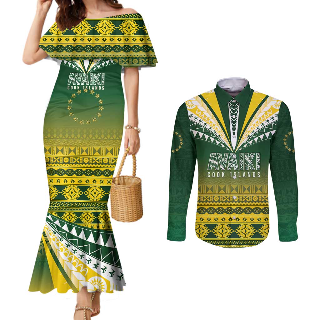 Cook Islands Rugby Custom Couples Matching Mermaid Dress and Long Sleeve Button Shirt Kuki Avaiki - Aussie Hoodie