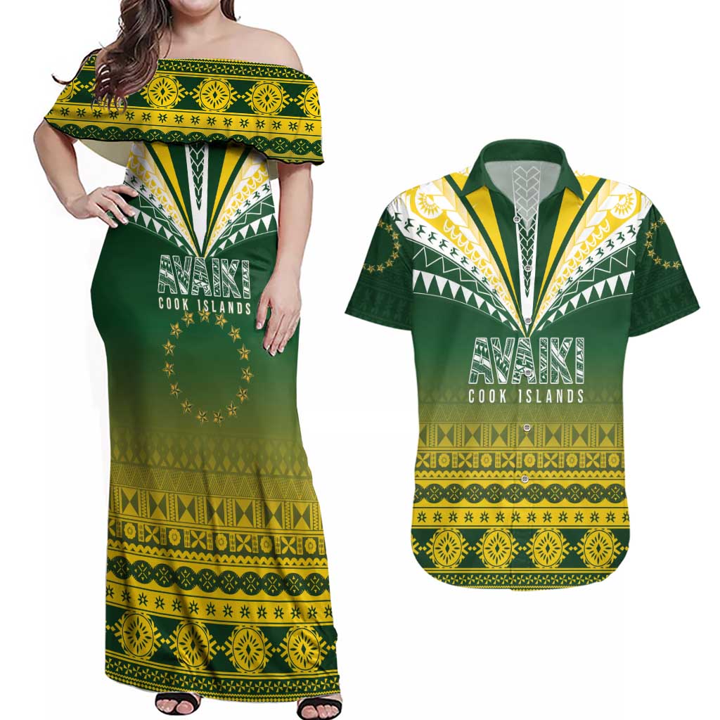 Cook Islands Rugby Custom Couples Matching Off Shoulder Maxi Dress and Hawaiian Shirt Kuki Avaiki - Aussie Hoodie