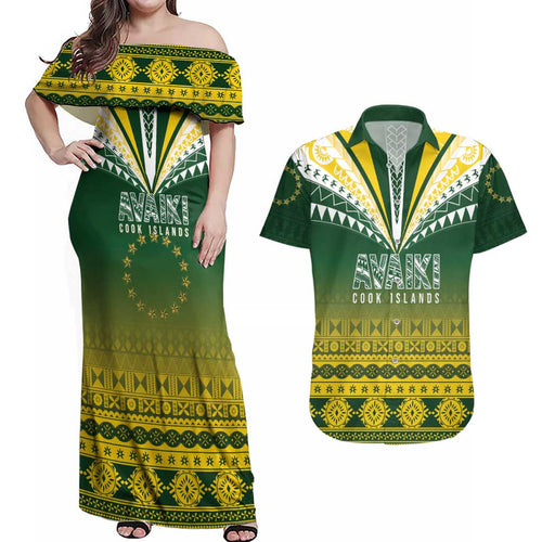Cook Islands Rugby Custom Couples Matching Off Shoulder Maxi Dress and Hawaiian Shirt Kuki Avaiki - Aussie Hoodie