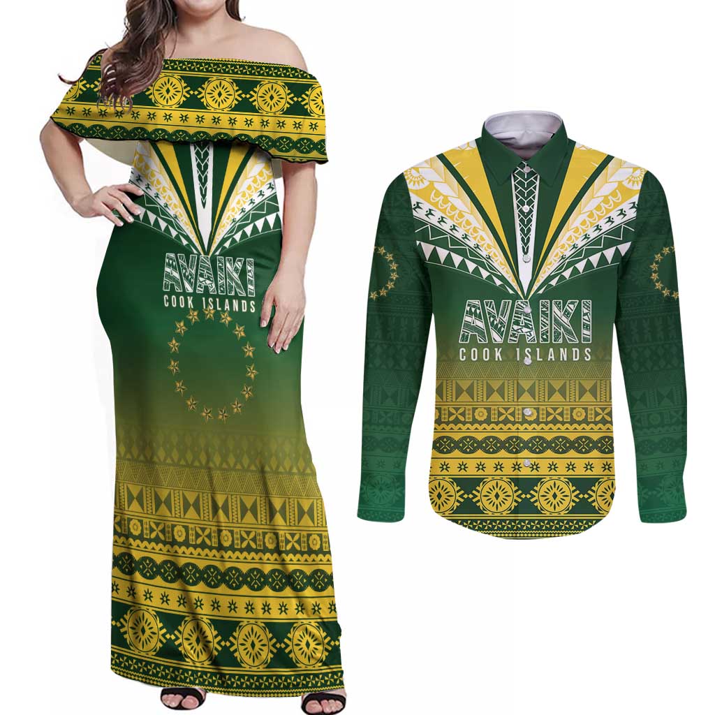 Cook Islands Rugby Custom Couples Matching Off Shoulder Maxi Dress and Long Sleeve Button Shirt Kuki Avaiki - Aussie Hoodie