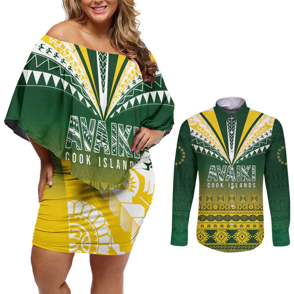 Cook Islands Rugby Custom Couples Matching Off Shoulder Short Dress and Long Sleeve Button Shirt Kuki Avaiki - Aussie Hoodie