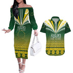 Cook Islands Rugby Custom Couples Matching Off The Shoulder Long Sleeve Dress and Hawaiian Shirt Kuki Avaiki - Aussie Hoodie