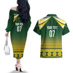 Cook Islands Rugby Custom Couples Matching Off The Shoulder Long Sleeve Dress and Hawaiian Shirt Kuki Avaiki - Aussie Hoodie