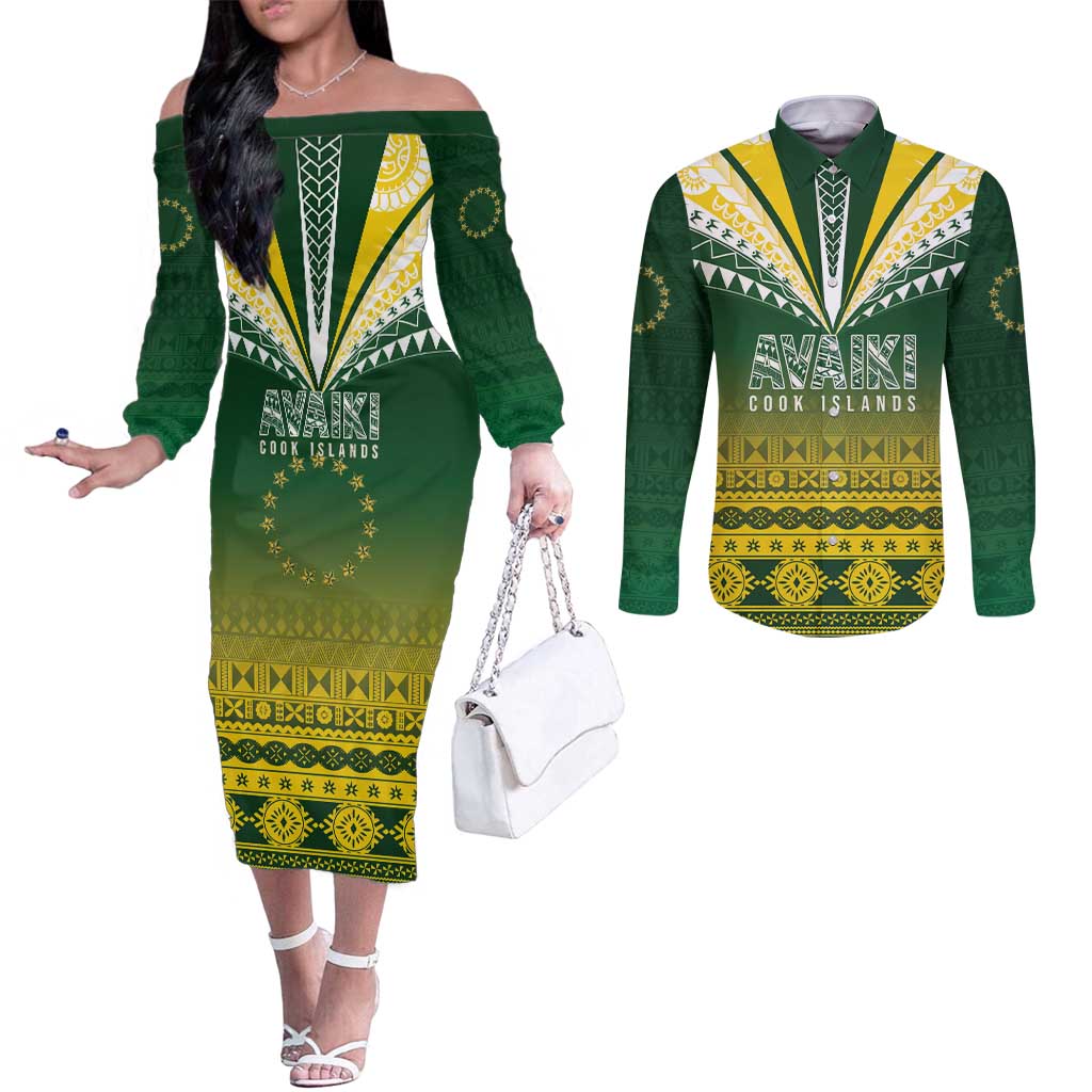 Cook Islands Rugby Custom Couples Matching Off The Shoulder Long Sleeve Dress and Long Sleeve Button Shirt Kuki Avaiki - Aussie Hoodie