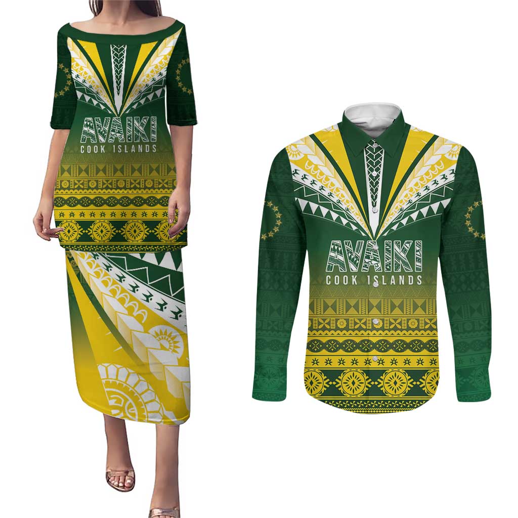Cook Islands Rugby Custom Couples Matching Puletasi and Long Sleeve Button Shirt Kuki Avaiki - Aussie Hoodie