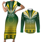 Cook Islands Rugby Custom Couples Matching Short Sleeve Bodycon Dress and Long Sleeve Button Shirt Kuki Avaiki - Aussie Hoodie