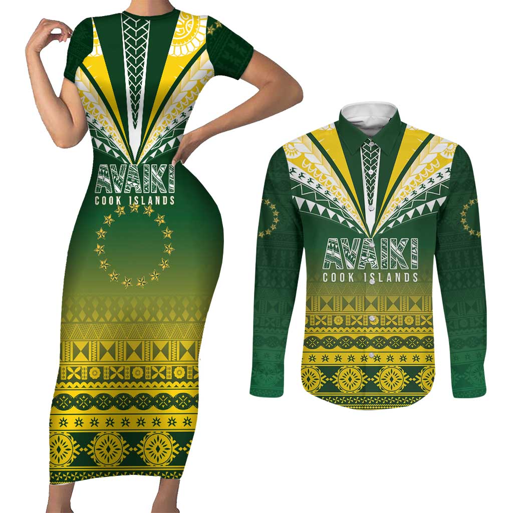 Cook Islands Rugby Custom Couples Matching Short Sleeve Bodycon Dress and Long Sleeve Button Shirt Kuki Avaiki - Aussie Hoodie