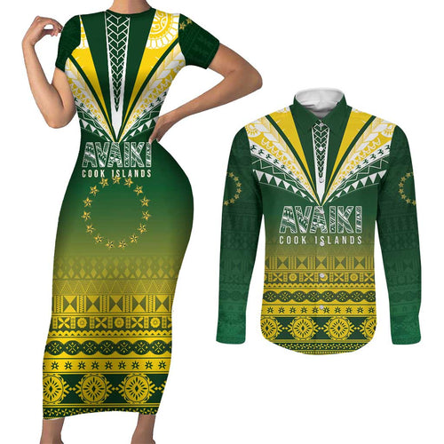 Cook Islands Rugby Custom Couples Matching Short Sleeve Bodycon Dress and Long Sleeve Button Shirt Kuki Avaiki - Aussie Hoodie