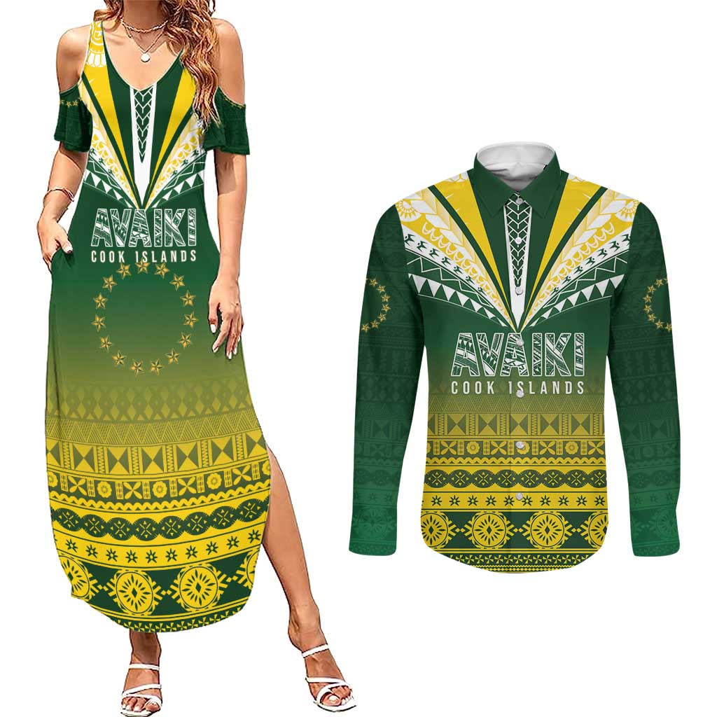 Cook Islands Rugby Custom Couples Matching Summer Maxi Dress and Long Sleeve Button Shirt Kuki Avaiki - Aussie Hoodie